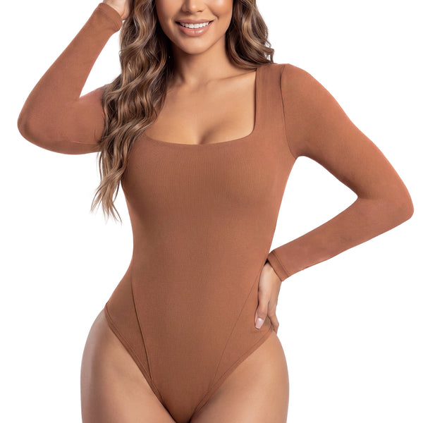 Salome 5503 Oak Line Square-Neck Long-Sleeve Thong Bodysuit | Medium Compression