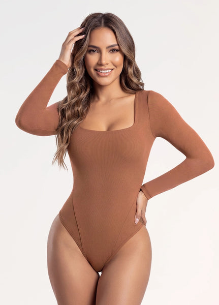 Salome 5503 Oak Line Square-Neck Long-Sleeve Thong Bodysuit | Medium Compression