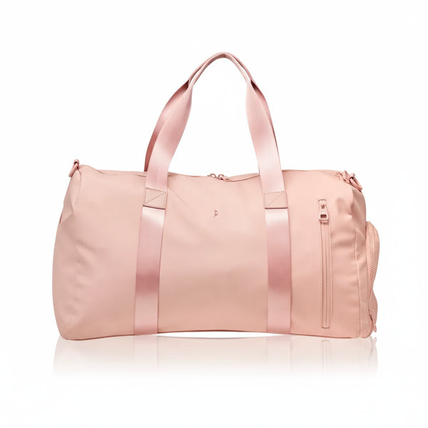 BeShapy Luxury BBL Recovery Kit  healing essentials Pink duffel bag with satin straps on a light blue background
