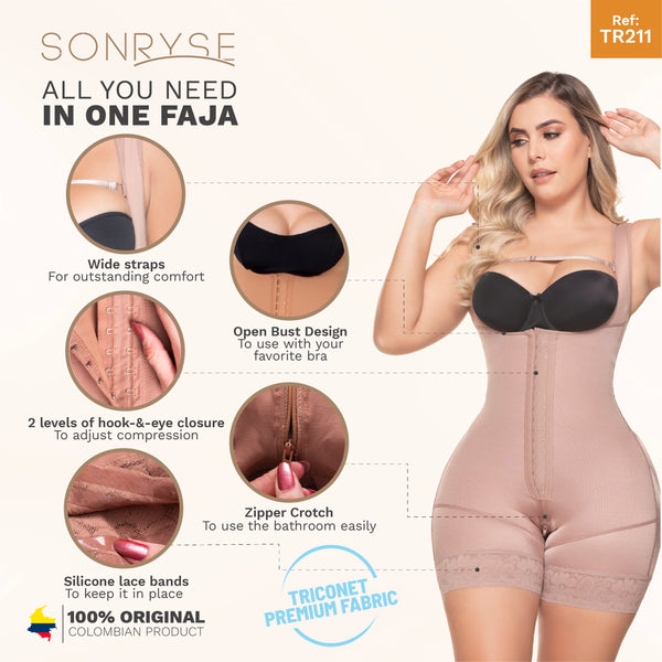 SONRYSE TR211 | Colombian Shapewear Open Bust Bodysuit | Post Surgery Body Shapers | Stage 1 Faja | Triconet